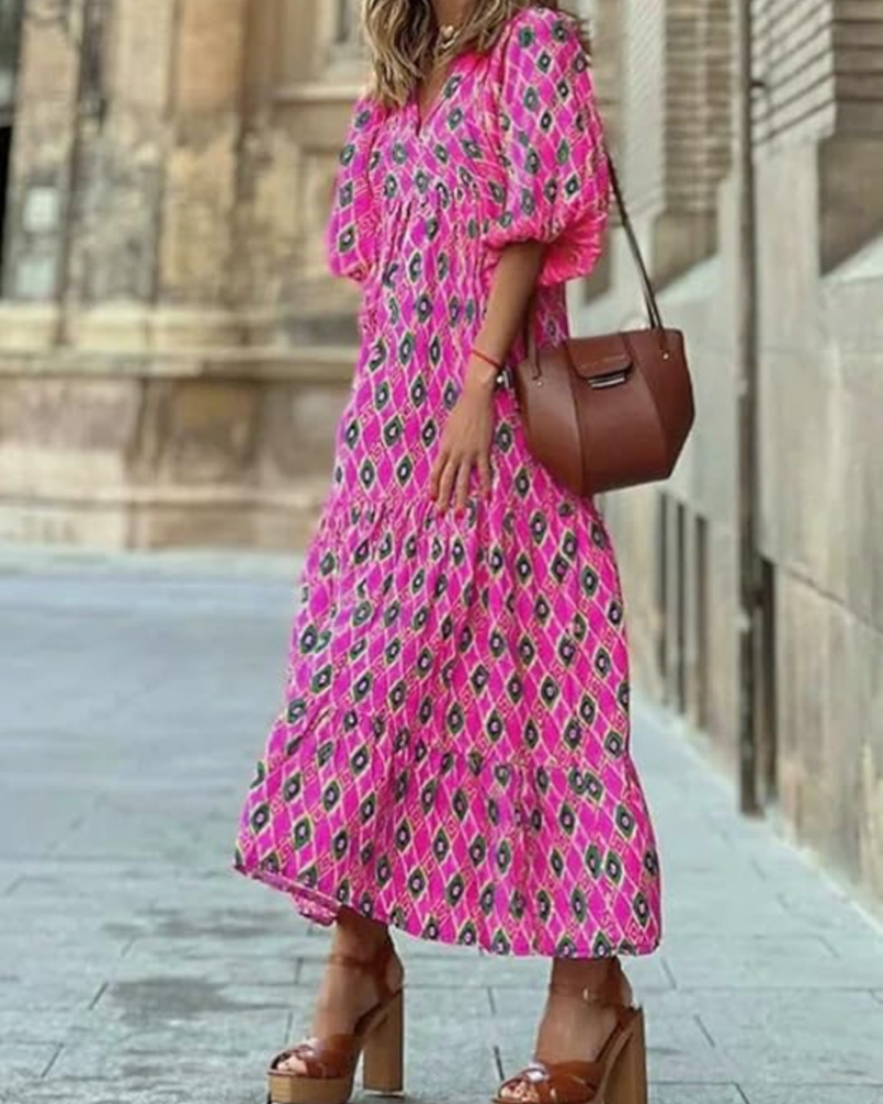 Rina Robe Boho Femme – Imprimé Floral, Col V & Manches Bouffantes Fluide Été