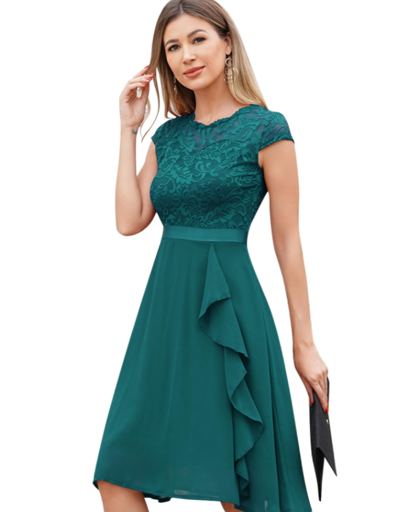 Vestido Roxy Cocktail Mulher – Vestido Renda Chiffon Folhos Elegante Midi