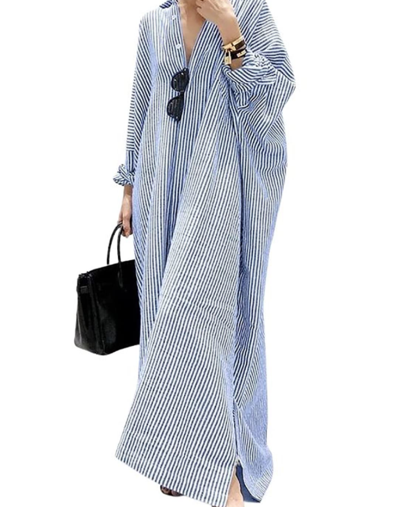 Vestito Chemise Maxi da Donna Lara – Cotone a Righe con Maniche Lunghe e Bottoni