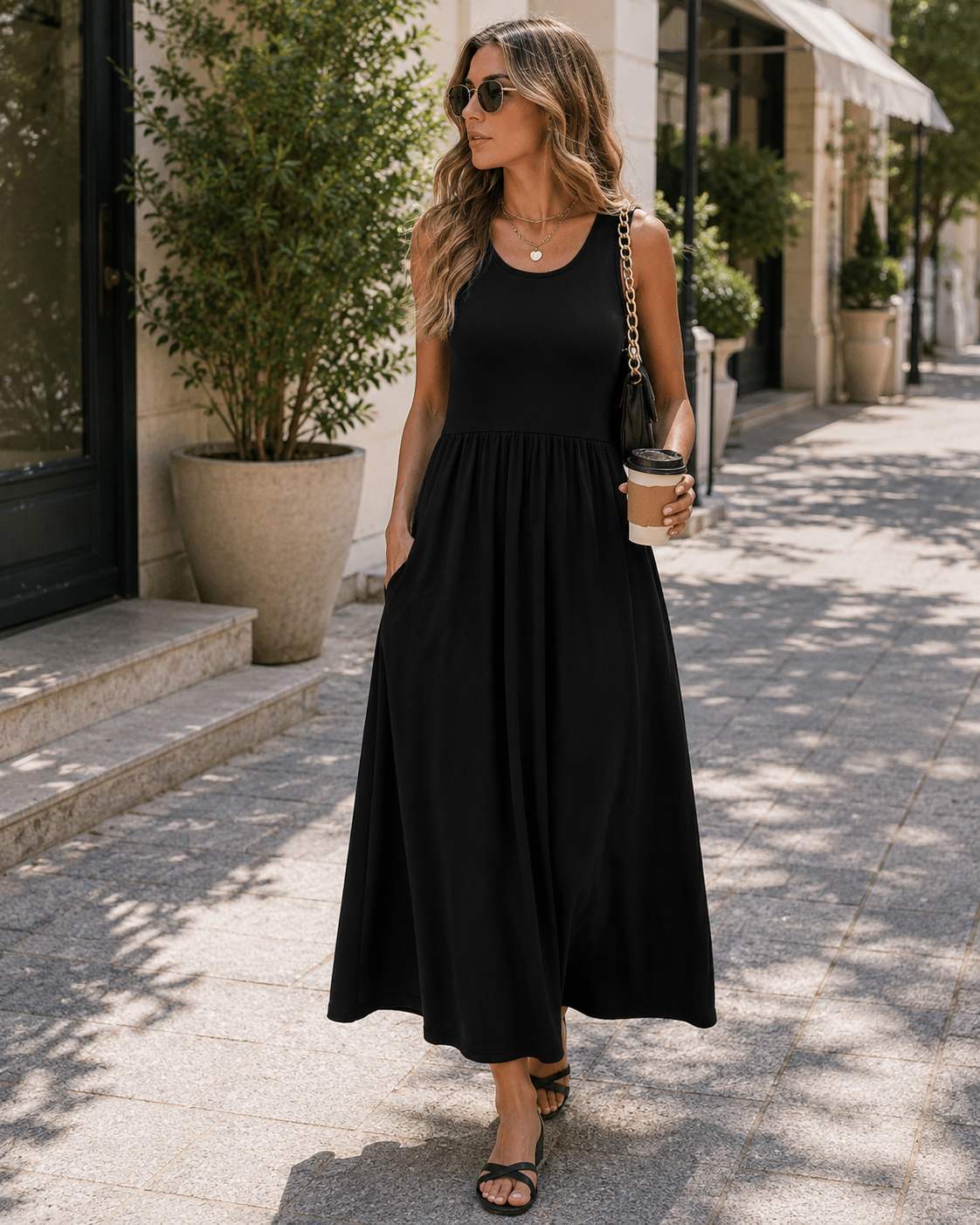 Sukienka Lina damska – długa sukienka w kwiaty w stylu boho, okrągły dekolt, bez rękawów, kieszenie, lato