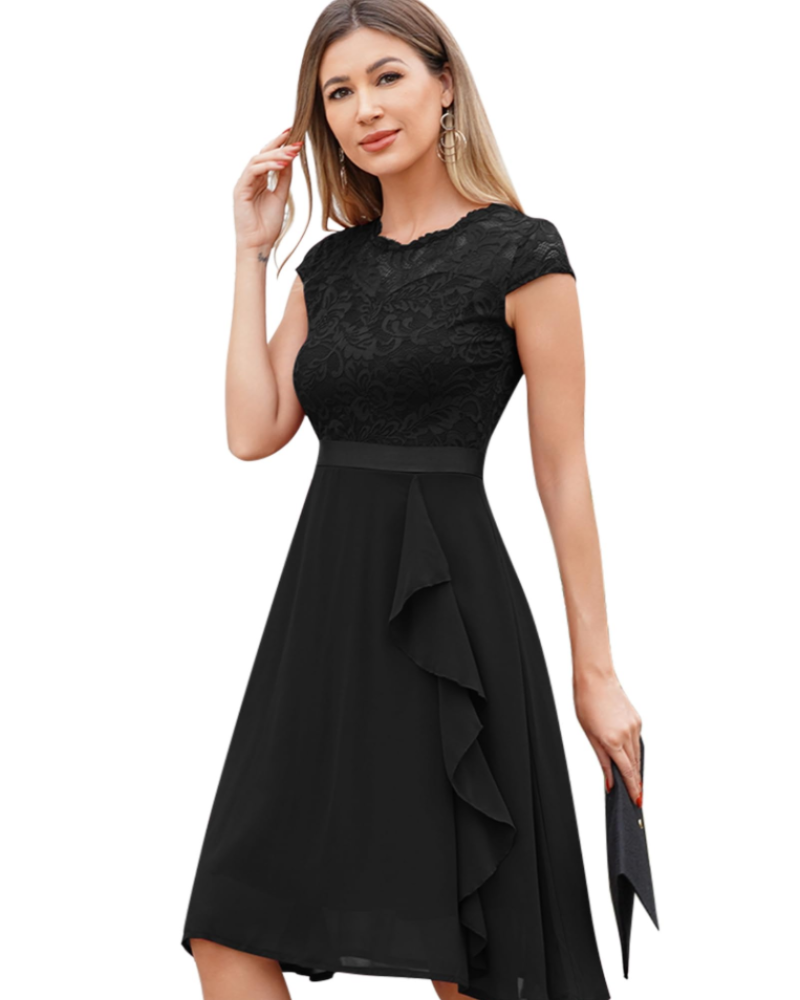 Vestido Roxy Cocktail Mulher – Vestido Renda Chiffon Folhos Elegante Midi