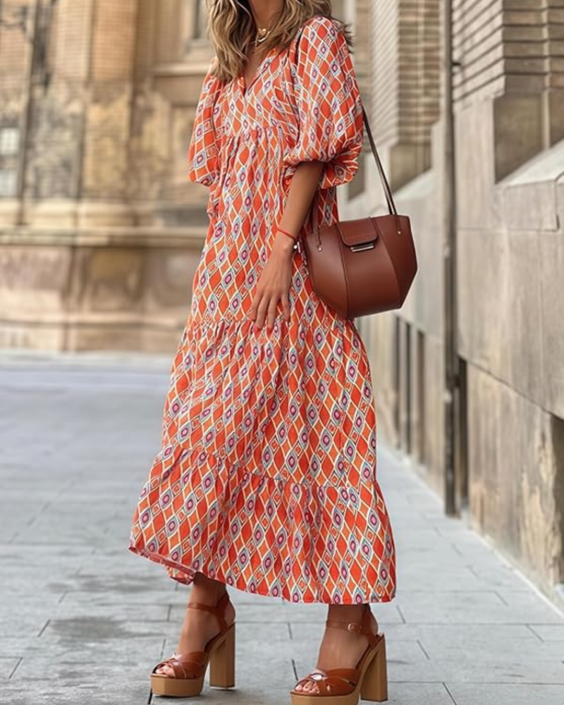 Rina Robe Boho Femme – Imprimé Floral, Col V & Manches Bouffantes Fluide Été