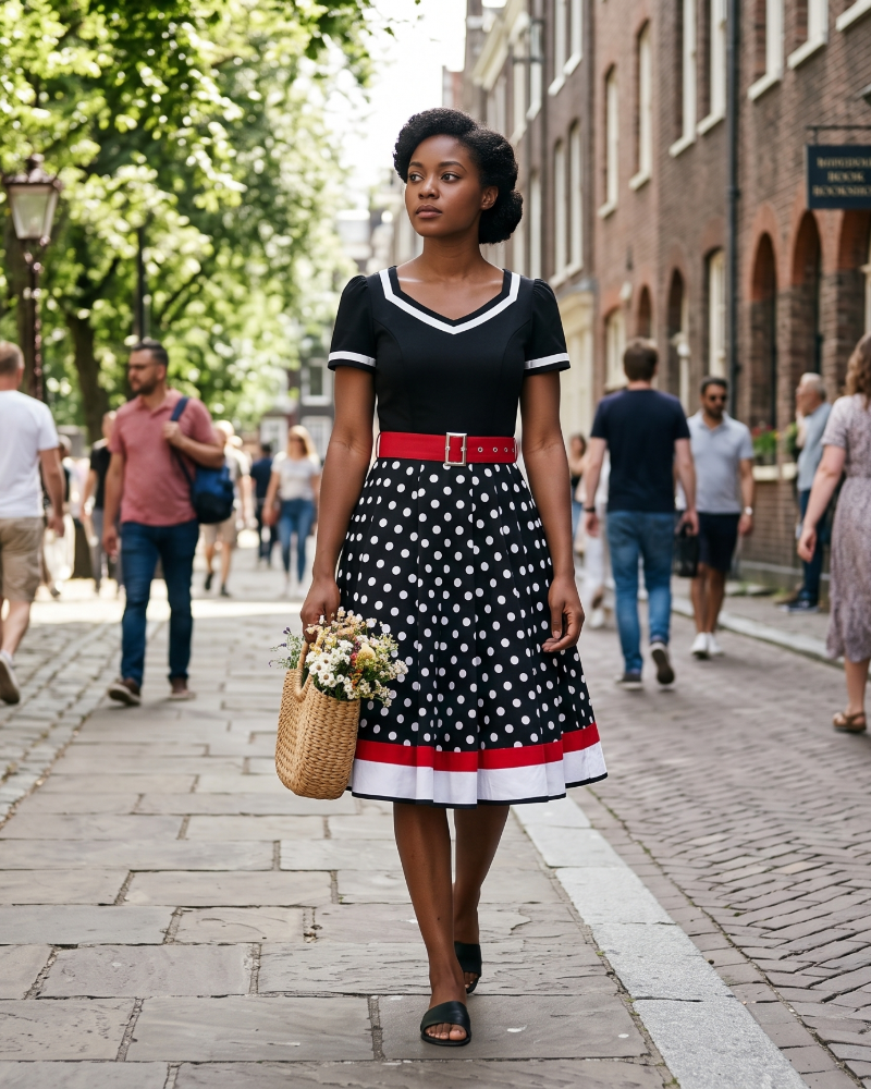 Dámské šaty Whitney ve stylu pin-up z 50. let – rockabilly šaty s puntíky, srdíčkovým výstřihem a páskem