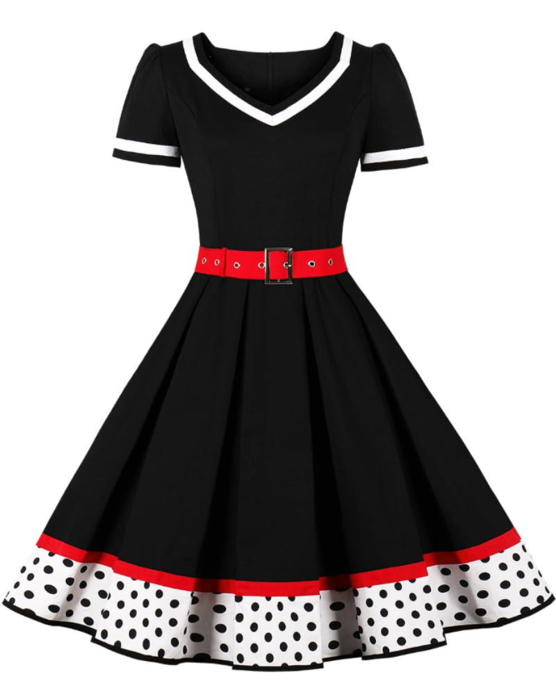 Dámské šaty Whitney ve stylu pin-up z 50. let – rockabilly šaty s puntíky, srdíčkovým výstřihem a páskem