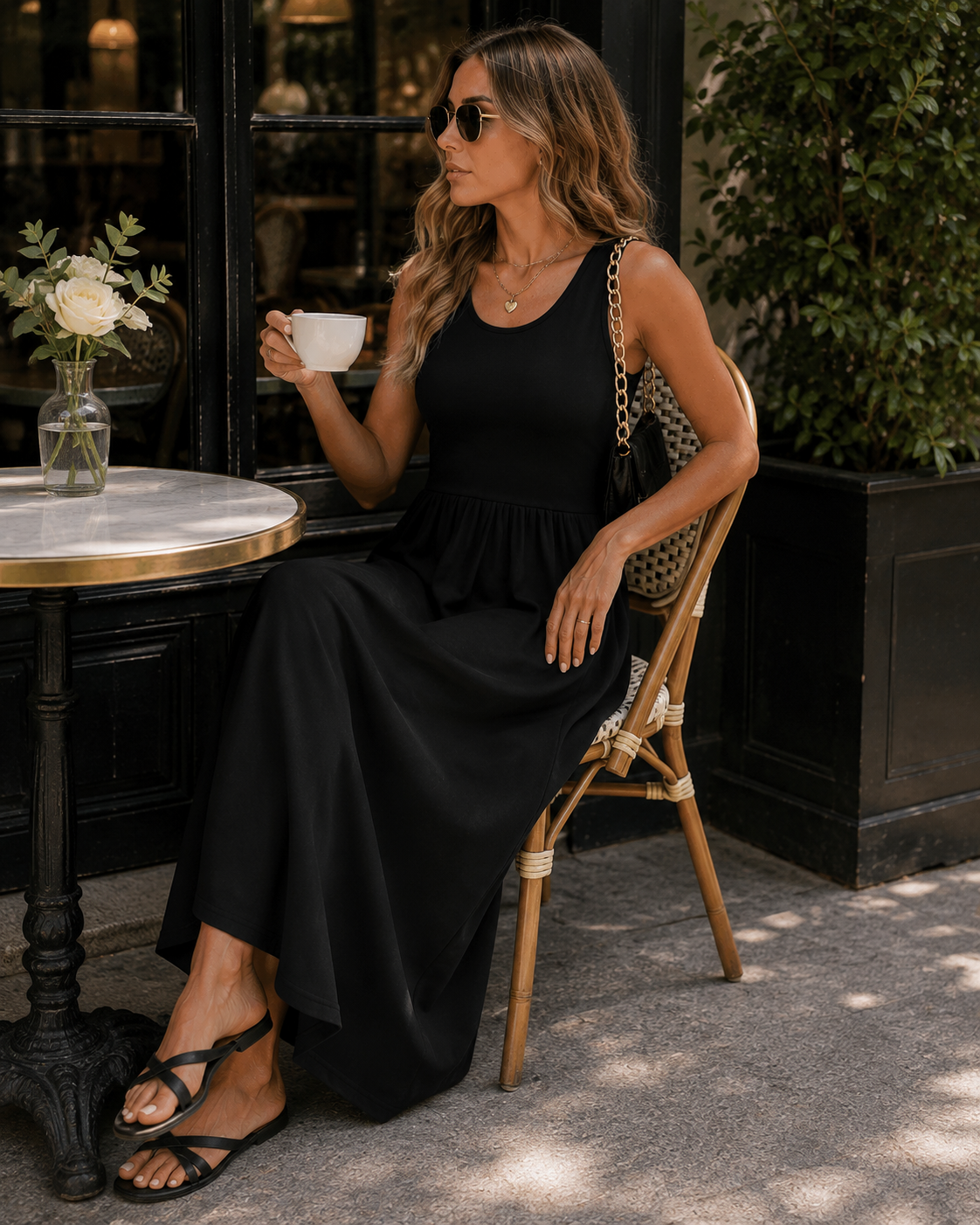 Sukienka Lina damska – długa sukienka w kwiaty w stylu boho, okrągły dekolt, bez rękawów, kieszenie, lato