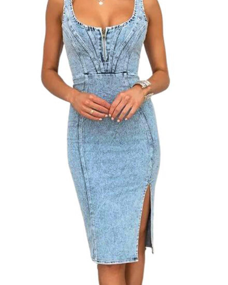 Vestito Midi Bodycon da Donna Maisie in Jeans – Spalline Regolabili e Spacco