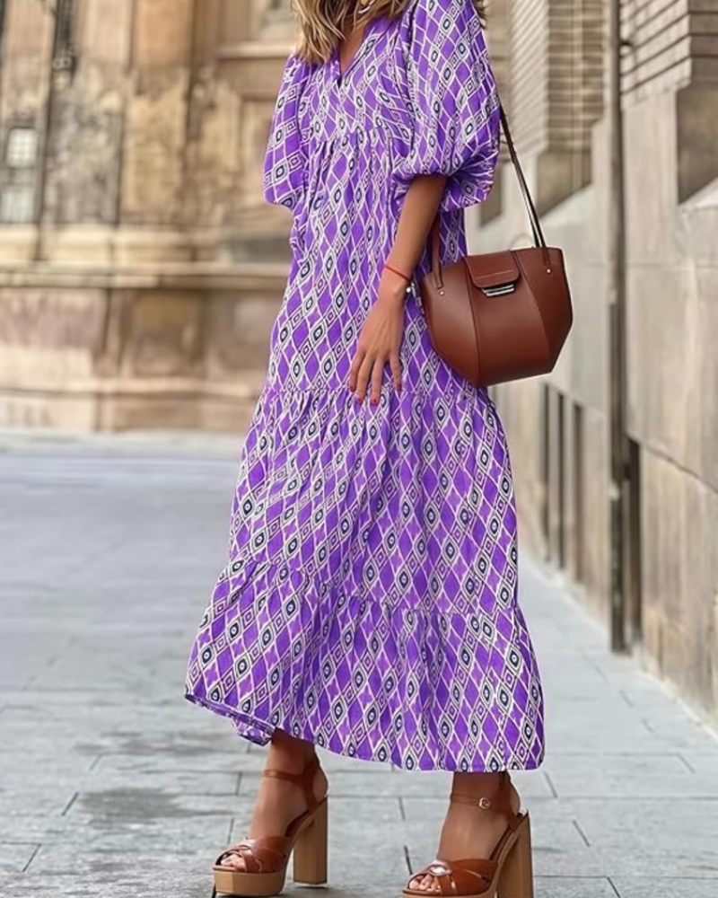 Rina Kjole Boho Femme – Blomstret Print, V-Hals & Let Flydende Puffærmer Sommer