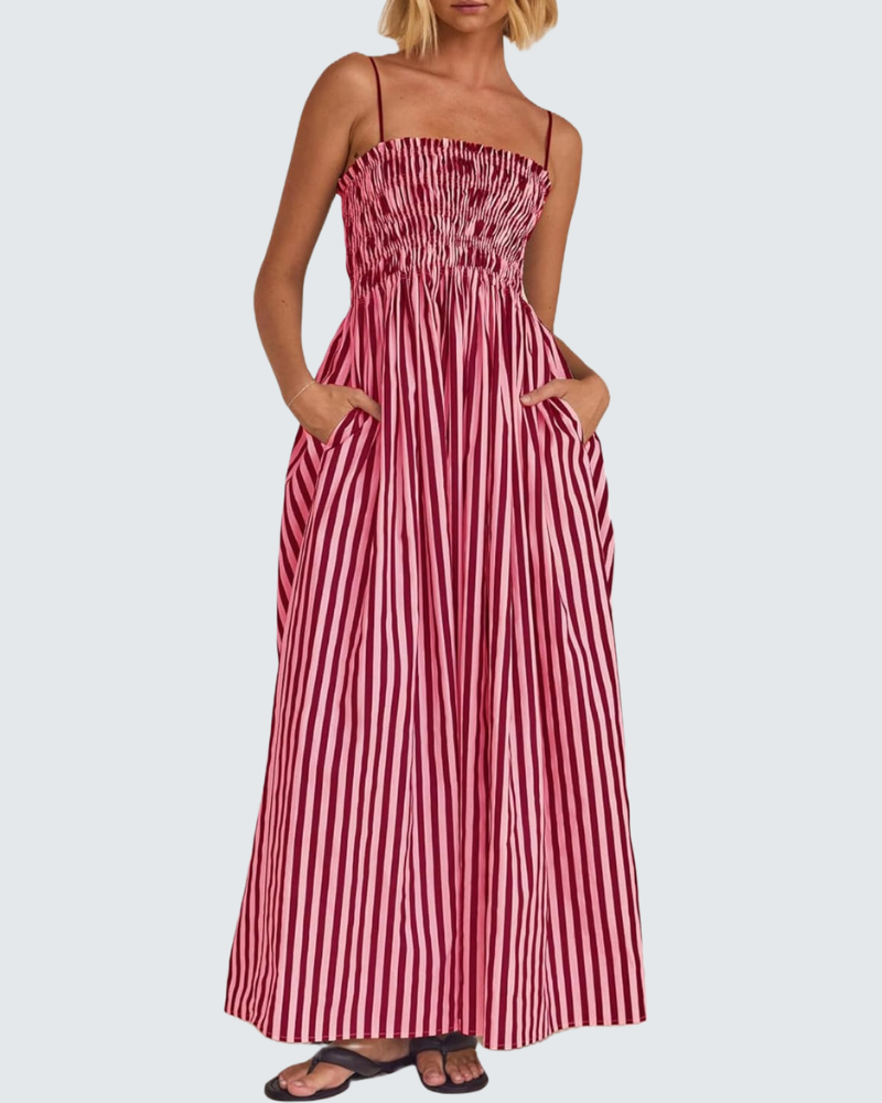 Berta Robe Femme Maxi Rayée – Bretelles Fines, Coupe Fluide, Dos Smocké Été