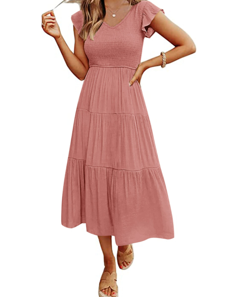 Vestito Midi Skye da Donna – Scollo a V, Arricciato, Maniche a Volant e Tasche