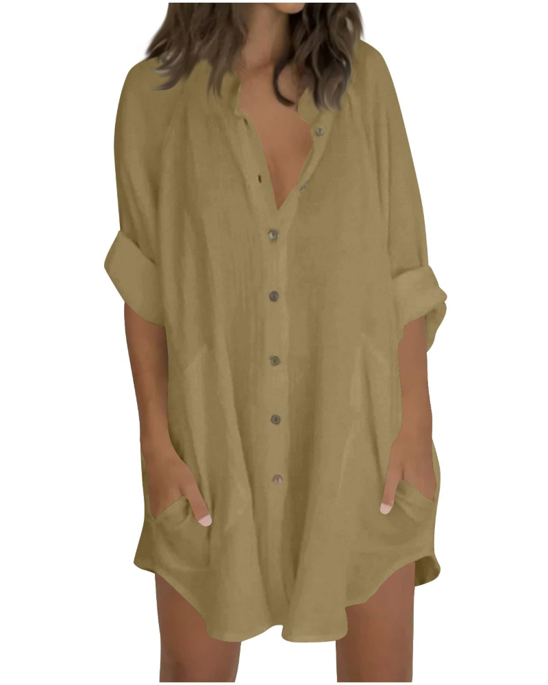 Vanessa Tunique Femme Été – Chemise Lin Coton Oversize Manches 3/4