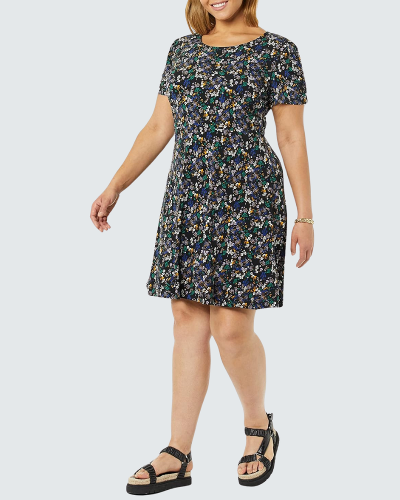Girlie Robe Femme A-Line – Col Rond, Manches Courtes Froncées, Coupe Fluide