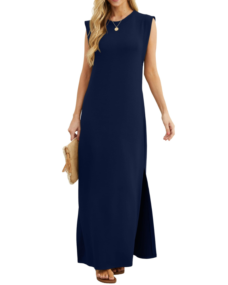Vestito lungo estivo da donna Erin – senza maniche, collo tondo, spacco e tasche