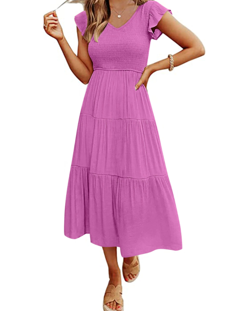 Vestito Midi Skye da Donna – Scollo a V, Arricciato, Maniche a Volant e Tasche