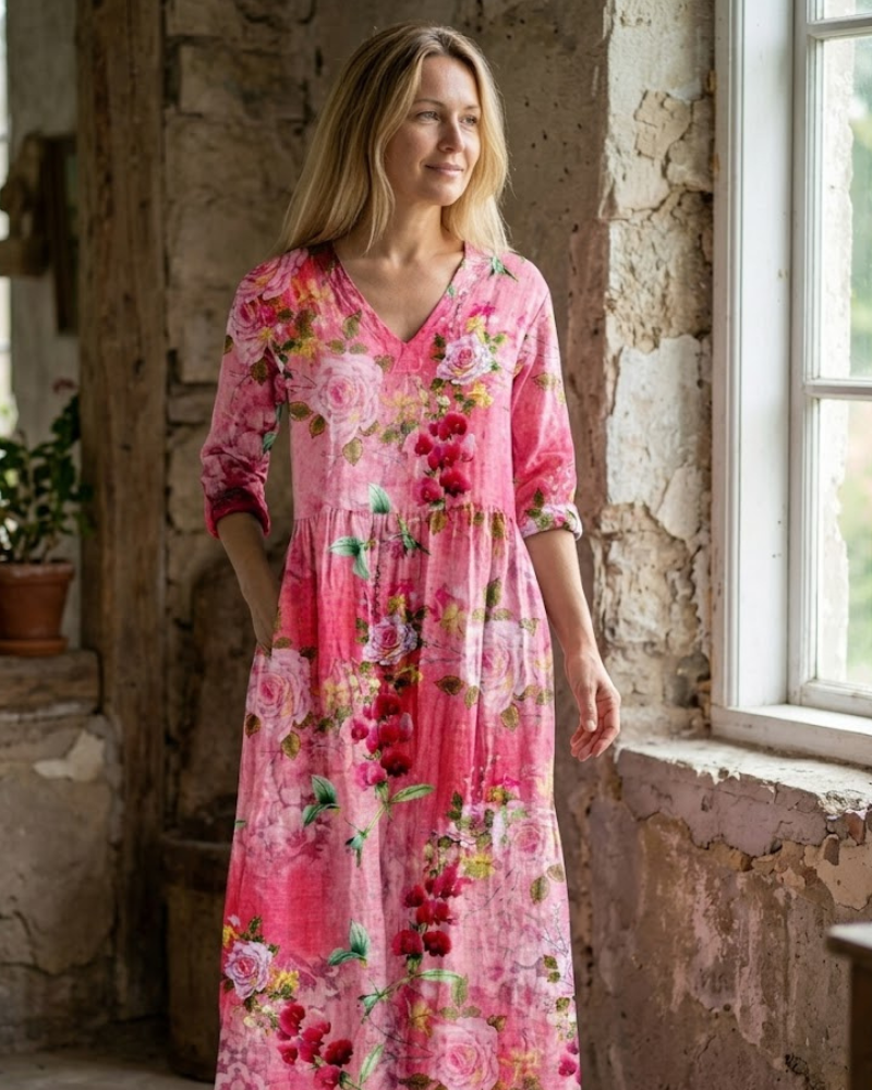 Ignacia Robe Maxi Femme – Robe Fleurie Col V, Manches 3/4 & Élégance Romantique