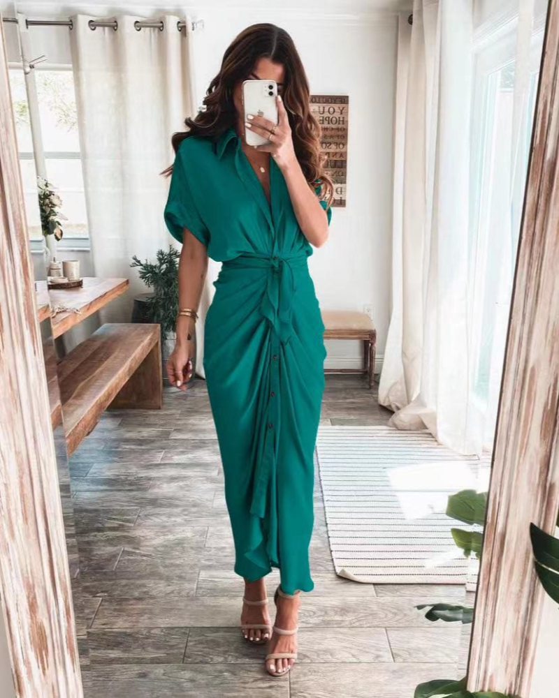 Vestido Maxi de Satén Mona para Mujer – Vestido Cruzado Drapeado, Abertura y Elegancia para la Noche