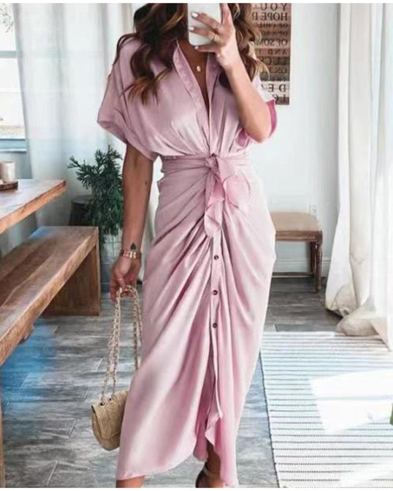 Vestido Maxi de Satén Mona para Mujer – Vestido Cruzado Drapeado, Abertura y Elegancia para la Noche