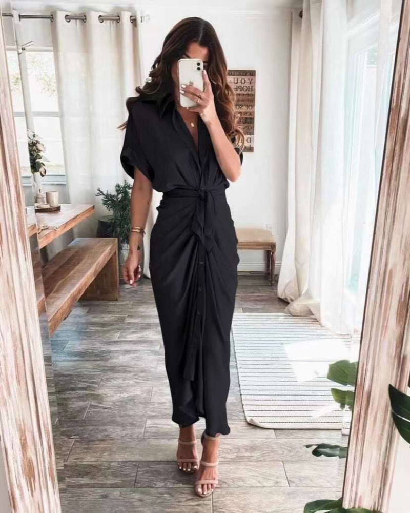 Vestido Maxi de Satén Mona para Mujer – Vestido Cruzado Drapeado, Abertura y Elegancia para la Noche