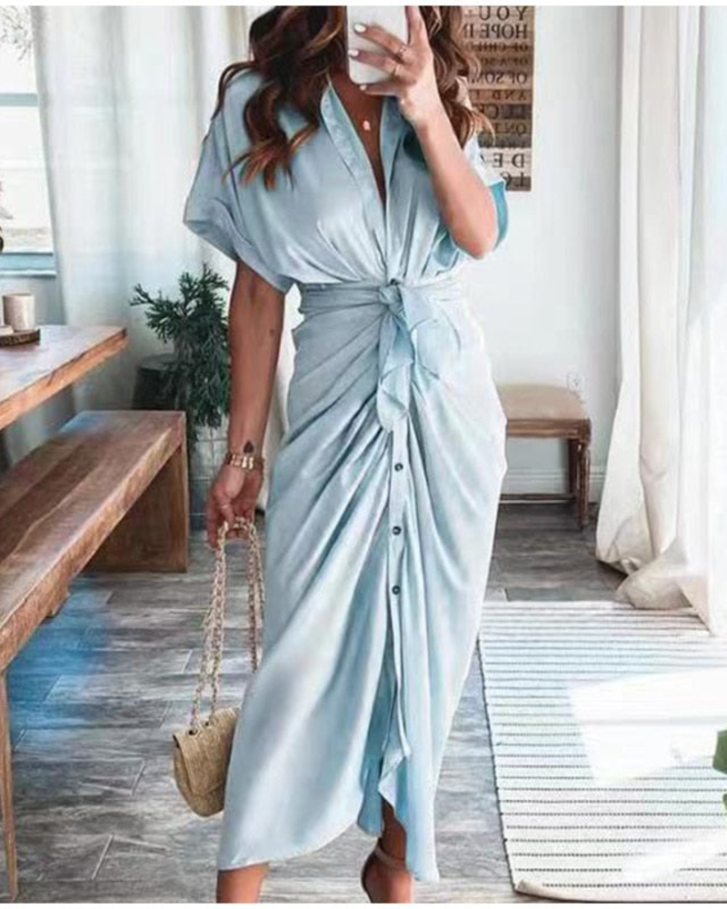Vestido Maxi de Satén Mona para Mujer – Vestido Cruzado Drapeado, Abertura y Elegancia para la Noche