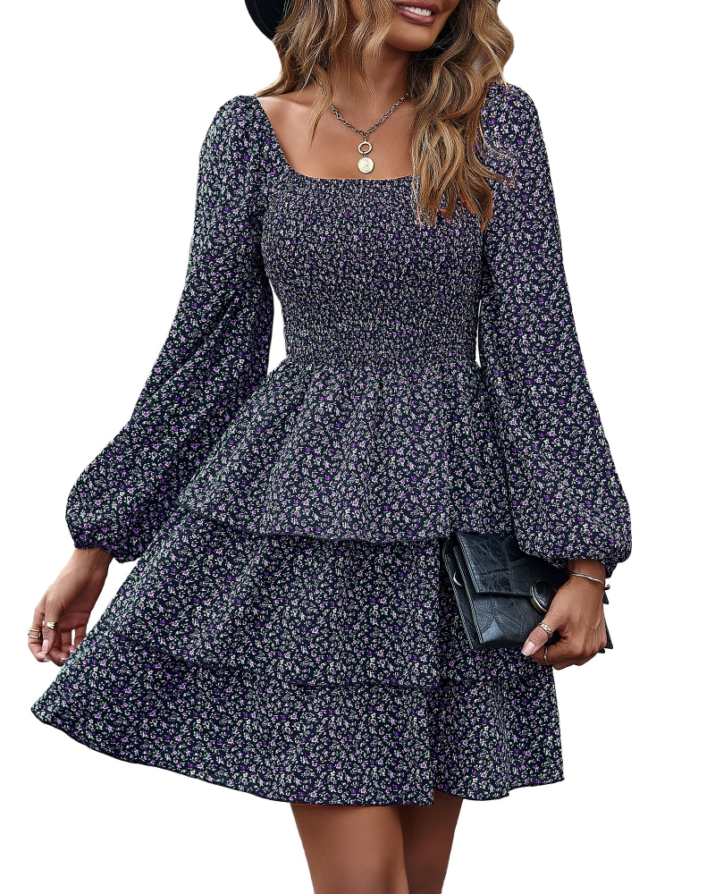 Léa Robe Femme – Robe Bohème Mini Col Carré Smockée Taille Haute Manches Longues Volants