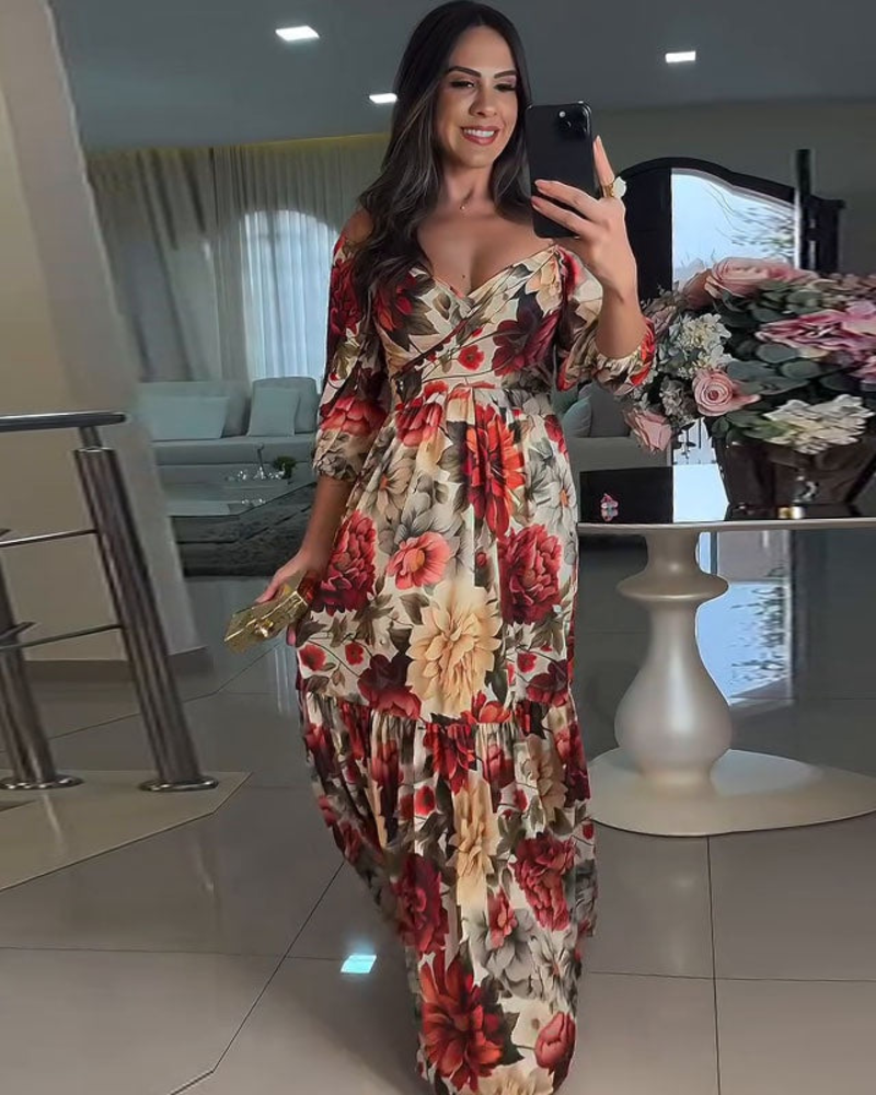 Rosalie Maxi šaty pre ženy – Kvetinové šaty s odhalenými ramenami, volánovou sukňou a romantickým štýlom