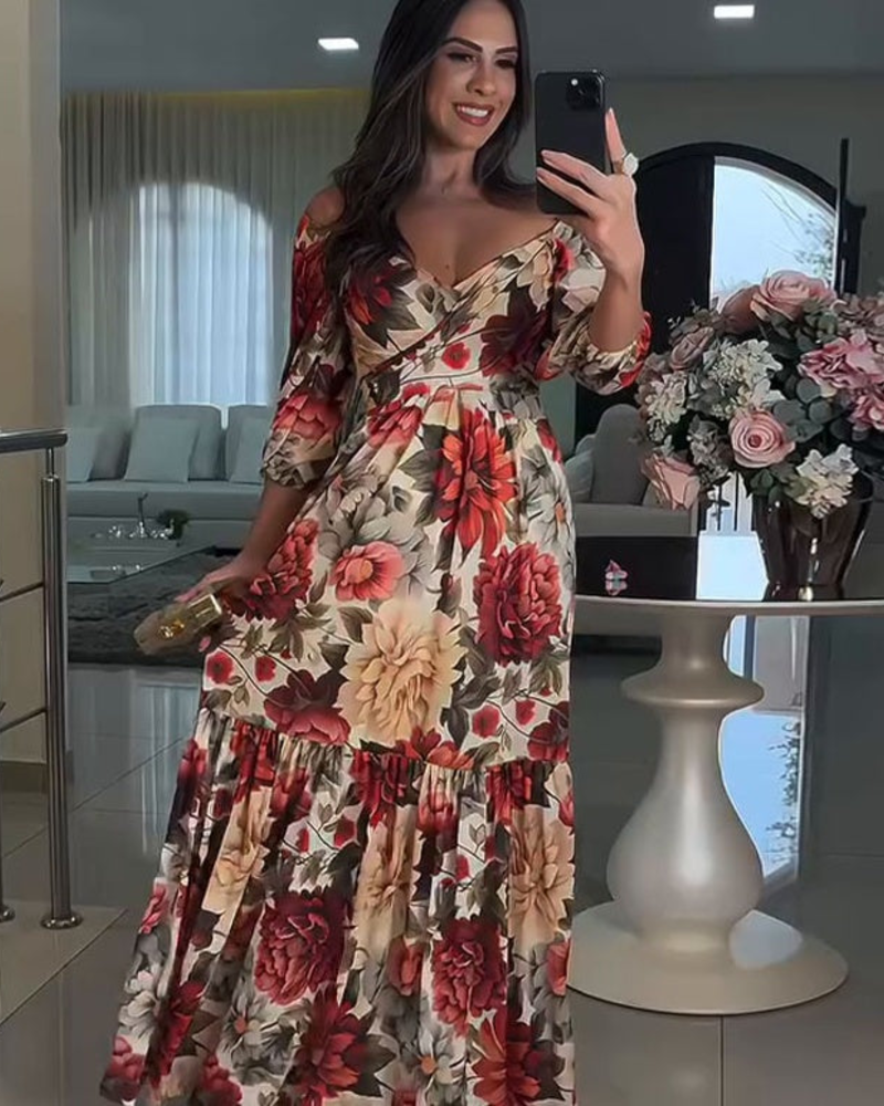 Rosalie Maxi šaty pre ženy – Kvetinové šaty s odhalenými ramenami, volánovou sukňou a romantickým štýlom