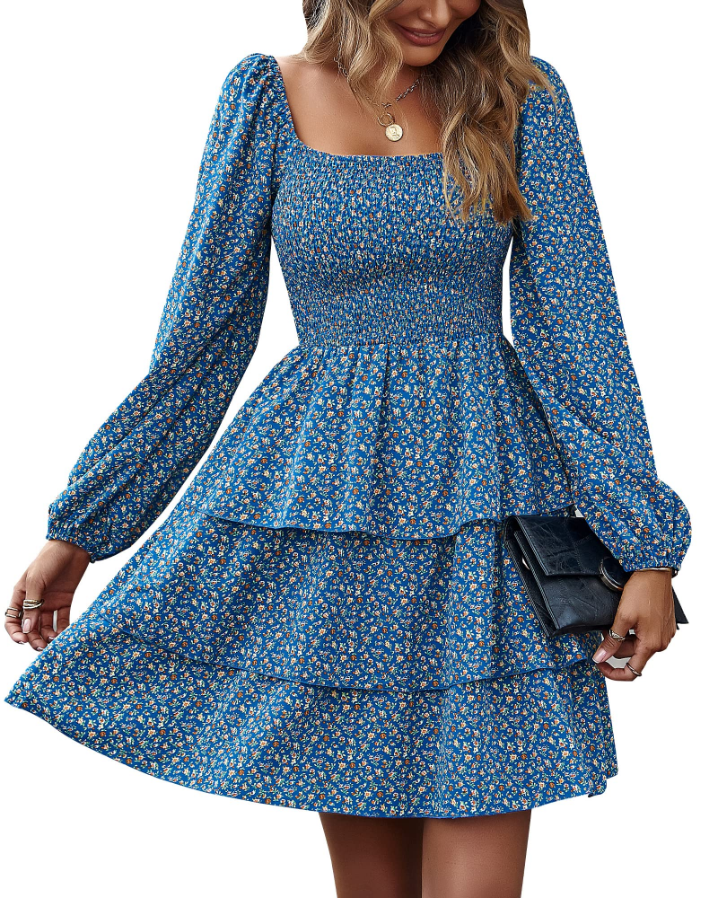 Léa Robe Femme – Robe Bohème Mini Col Carré Smockée Taille Haute Manches Longues Volants