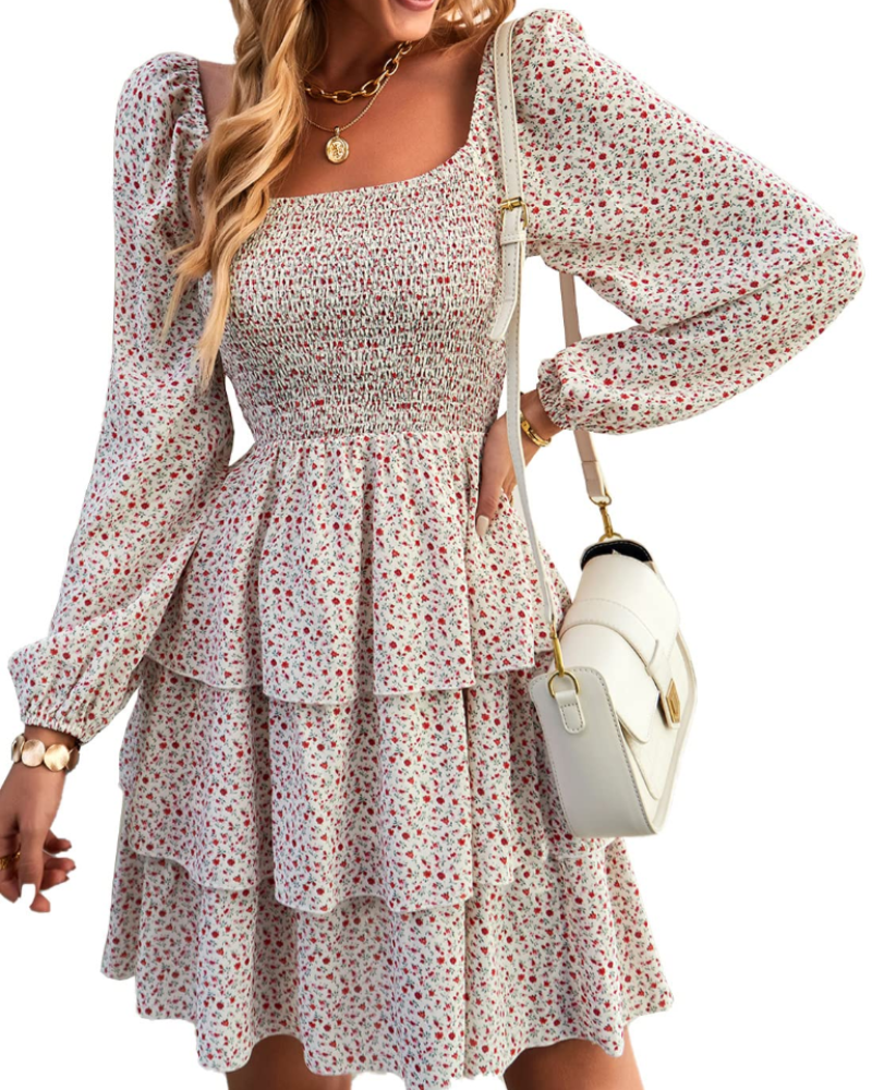 Léa Robe Femme – Robe Bohème Mini Col Carré Smockée Taille Haute Manches Longues Volants