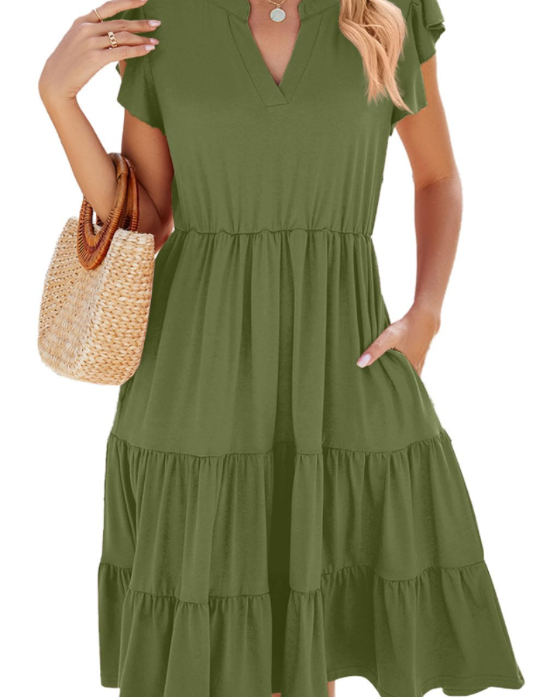 Brielle Robe Midi Femme – Robe Col V Sans Manches, Coupe A-Line Fluide & Poches