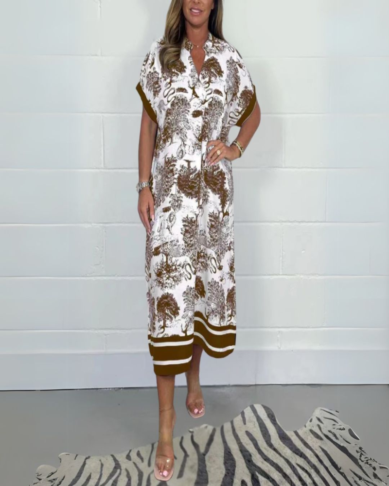 Mena Robe Midi Femme – Robe Col V Manches Courtes, Coupe Fluide & Confort Élégant