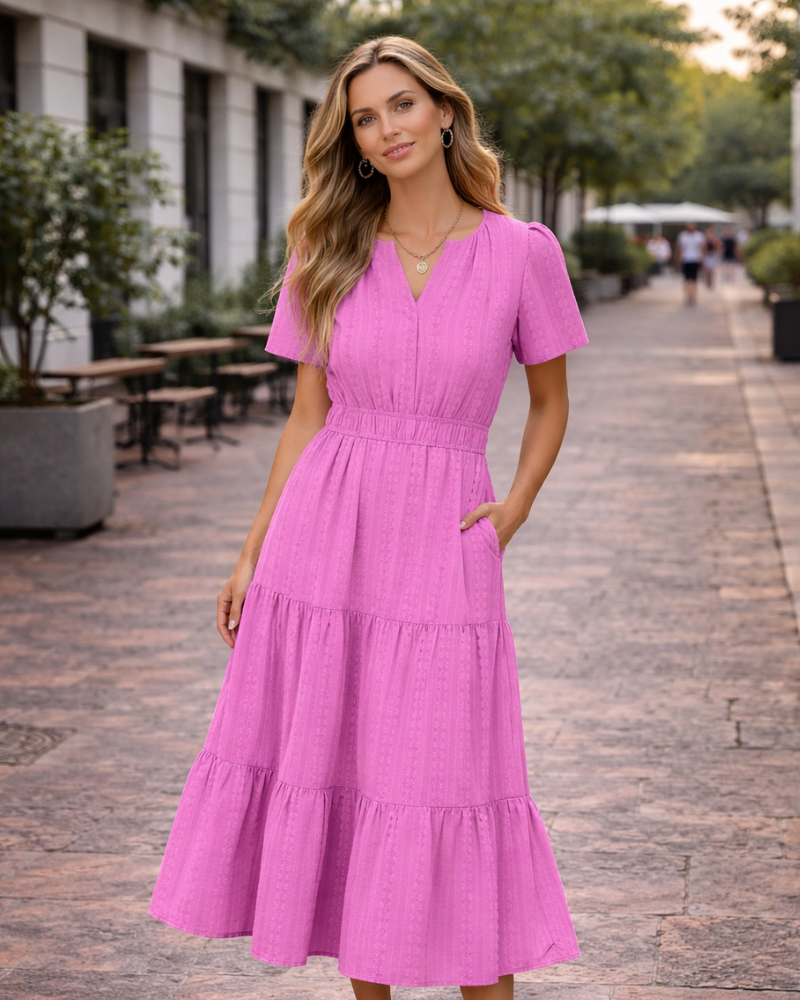 Ruma Damesjurk – V-hals, Korte Mouwen, A-lijn Maxi & Elastische Taille met Zakjes