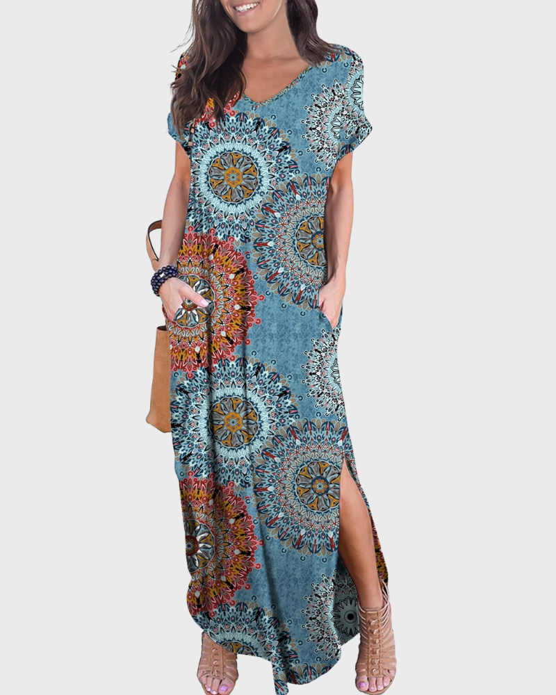 Rosenda Robe Maxi Femme – Col V Manches Courtes, Coupe Fluide & Fente avec Poches Été