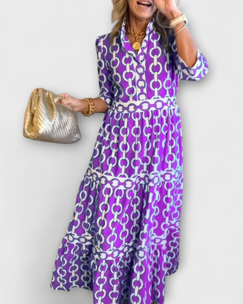 Juliette Robe Midi Femme – Robe Imprimé Chaînes, Coupe Élégante & Style Moderne