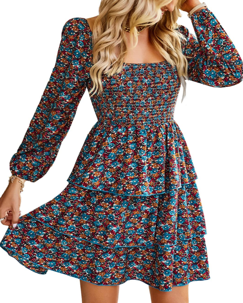 Léa Robe Femme – Robe Bohème Mini Col Carré Smockée Taille Haute Manches Longues Volants