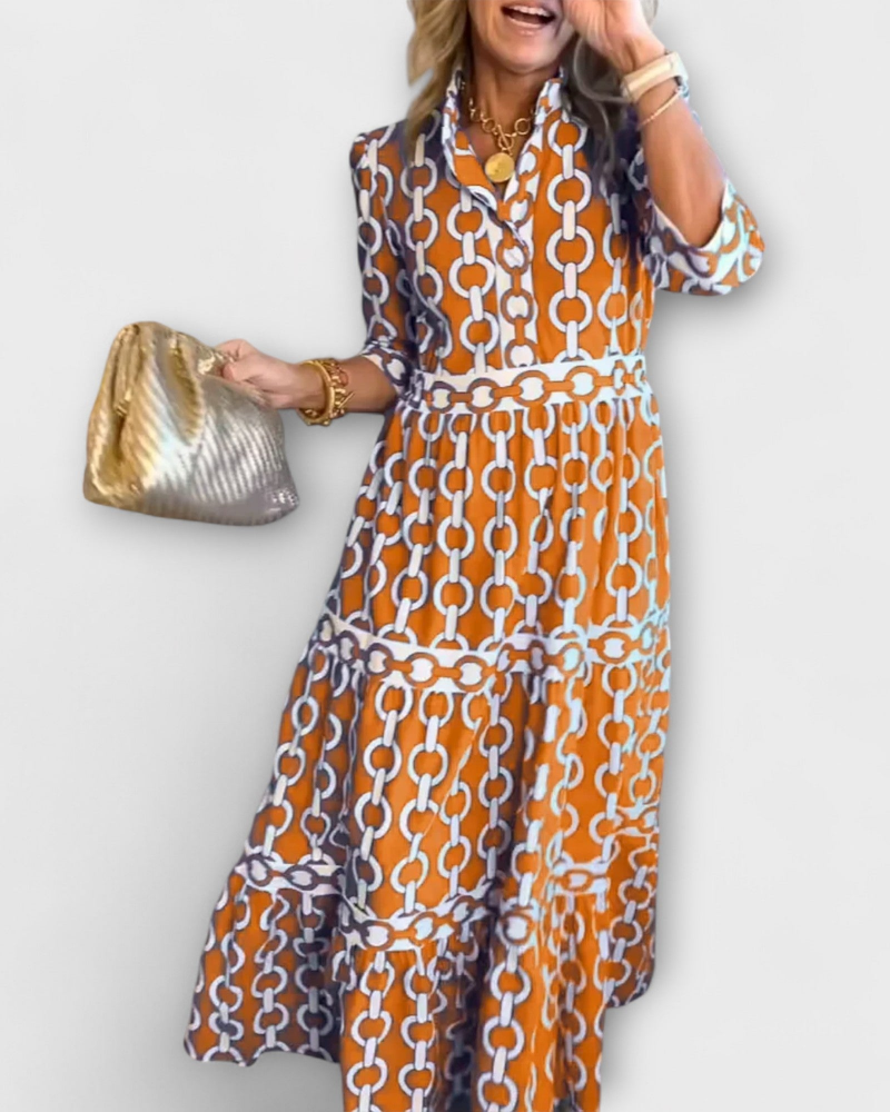 Juliette Robe Midi Femme – Robe Imprimé Chaînes, Coupe Élégante & Style Moderne