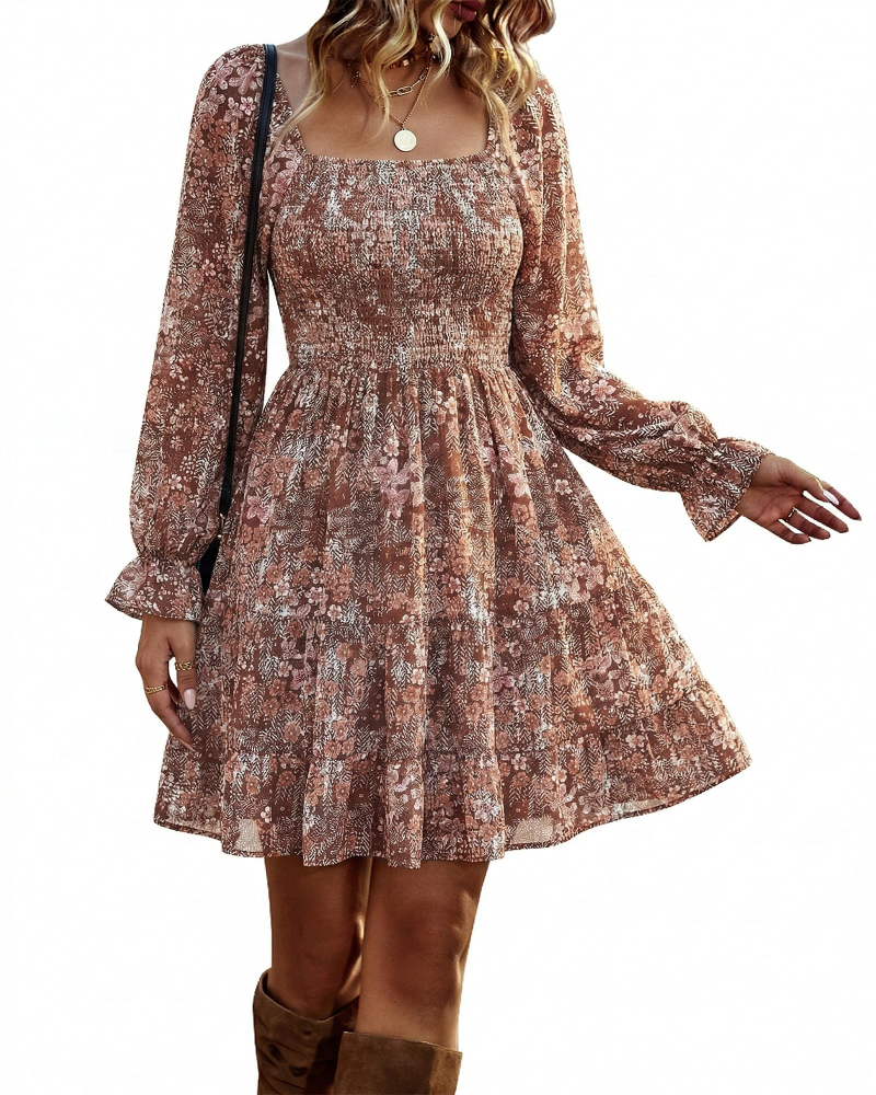 Léa Robe Femme – Robe Bohème Mini Col Carré Smockée Taille Haute Manches Longues Volants