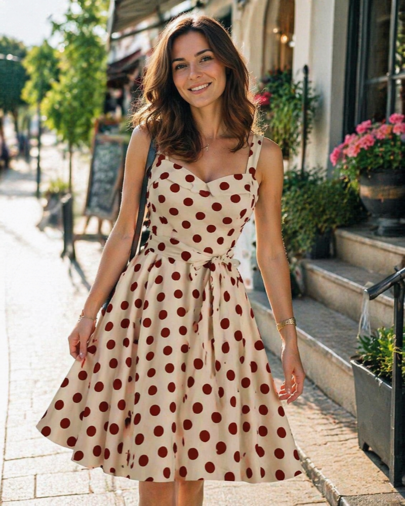 Rosie női ruha – Vintage pöttyös midi ruha V-nyakú, ujjatlan, magas derekú, rockabilly stílusú, elegáns