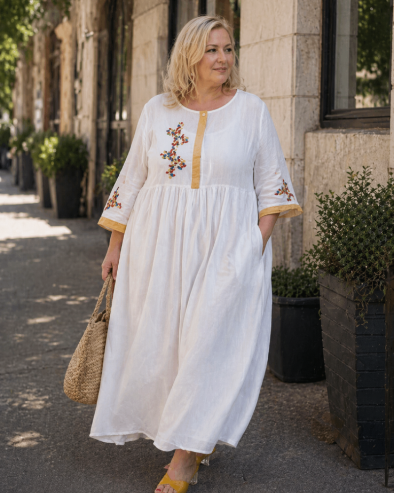 Farah Robe Femme Curvy Grande Taille – Robe Bohème Coton Lin Brodée Coupe Ample Confortable