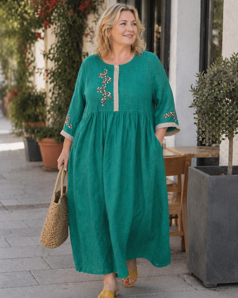 Farah Robe Femme Curvy Grande Taille – Robe Bohème Coton Lin Brodée Coupe Ample Confortable
