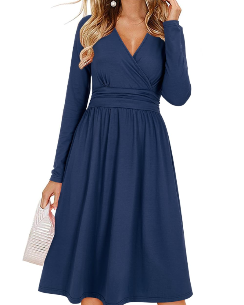 Regina Robe Femme – Col V Uni, Manches Longues & Coupe A-Line Midi avec Poches