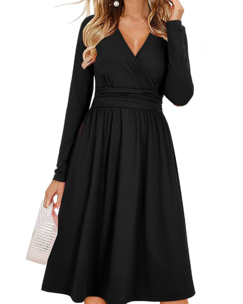 Regina Robe Femme – Col V Uni, Manches Longues & Coupe A-Line Midi avec Poches