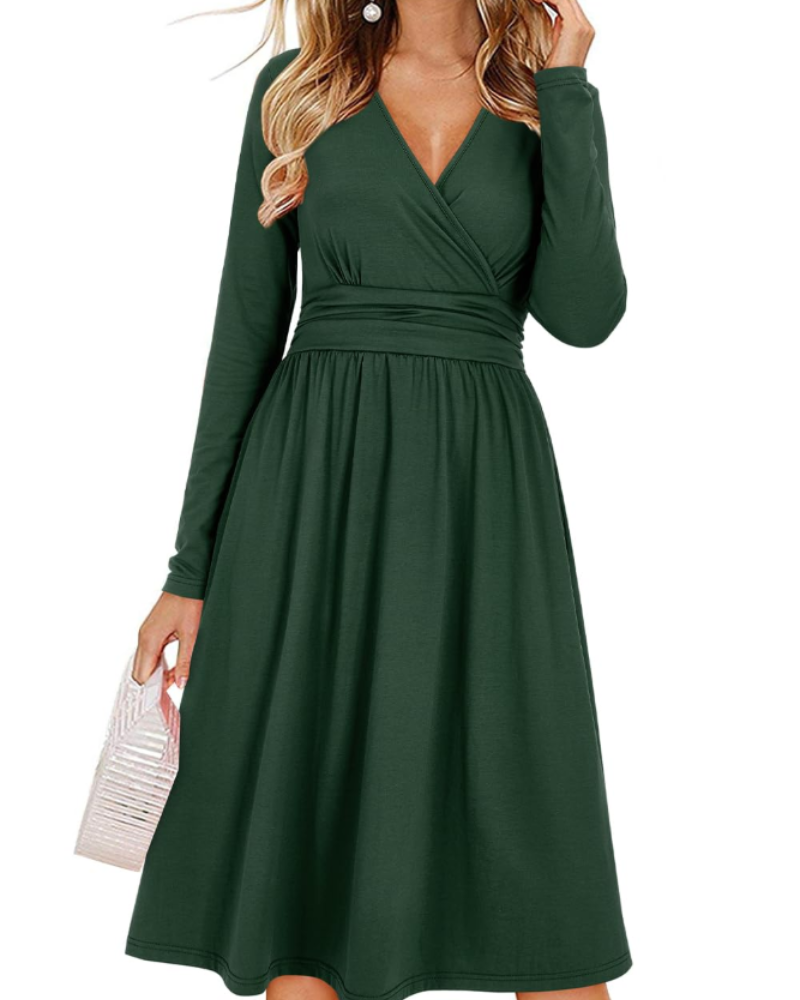 Regina Robe Femme – Col V Uni, Manches Longues & Coupe A-Line Midi avec Poches