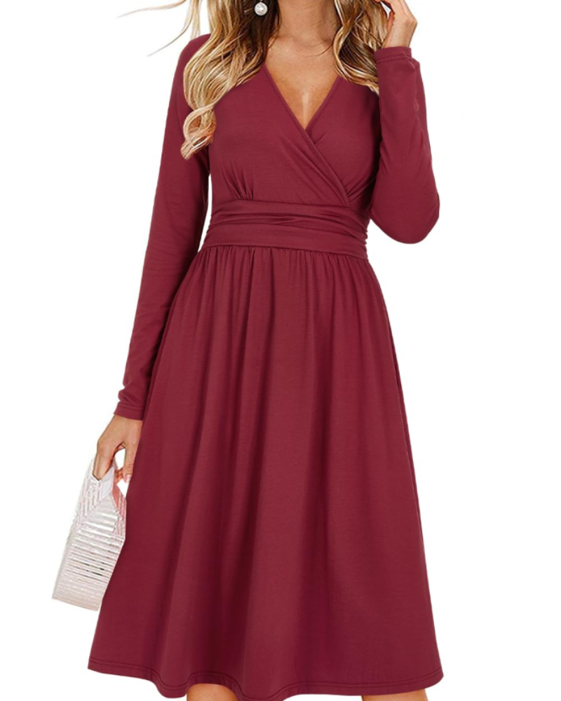 Regina Robe Femme – Col V Uni, Manches Longues & Coupe A-Line Midi avec Poches