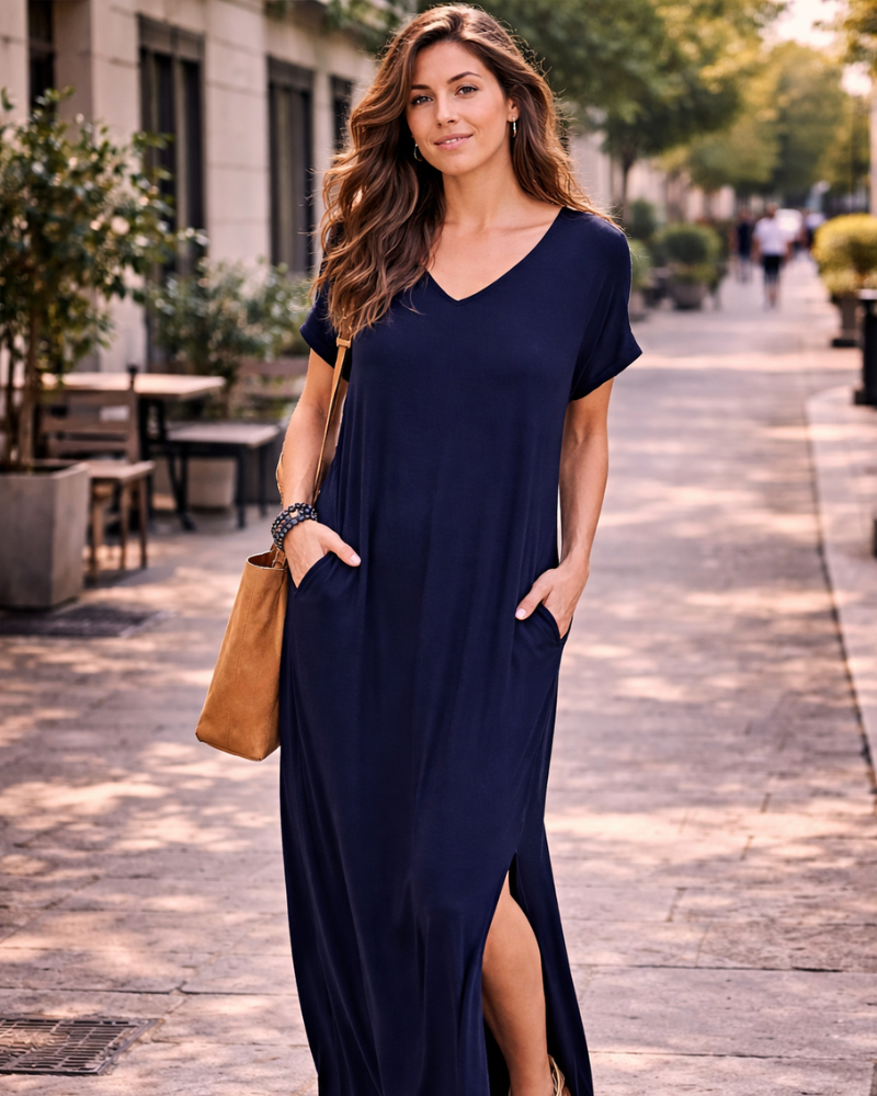 Rosenda Robe Maxi Femme – Col V Manches Courtes, Coupe Fluide & Fente avec Poches Été