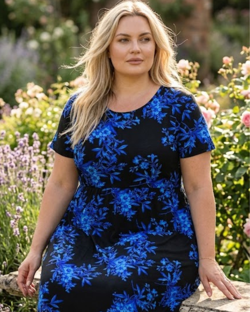 Adice Robe Maxi Grande Taille Femme – Robe Longue Fluide Col Rond avec Poches & Taille Élastique