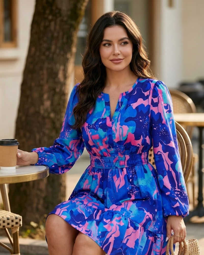Adela Robe Courte Bohème Femme – Robe Fleurie Col V, Manches Longues & Taille Élastique