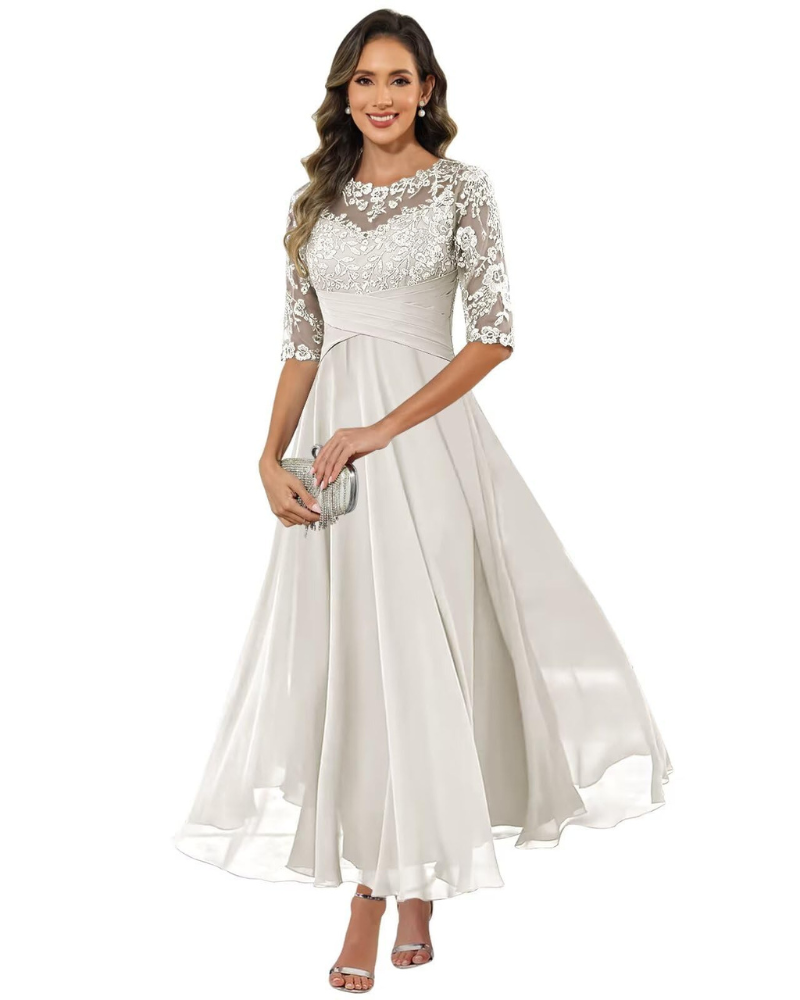 Olanthe Women's Evening Dress – Lace & Chiffon, 3/4 Sleeves & Elegant A-Line Cut