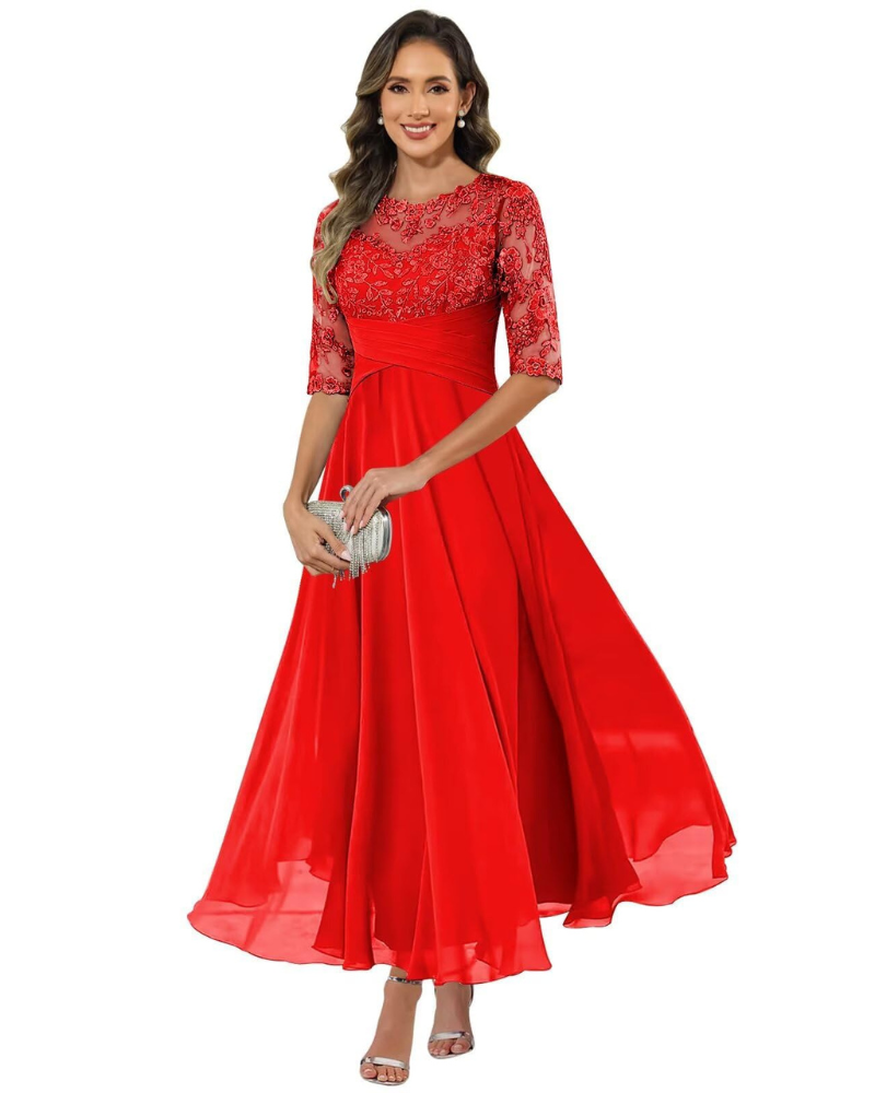 Olanthe Women's Evening Dress – Lace & Chiffon, 3/4 Sleeves & Elegant A-Line Cut