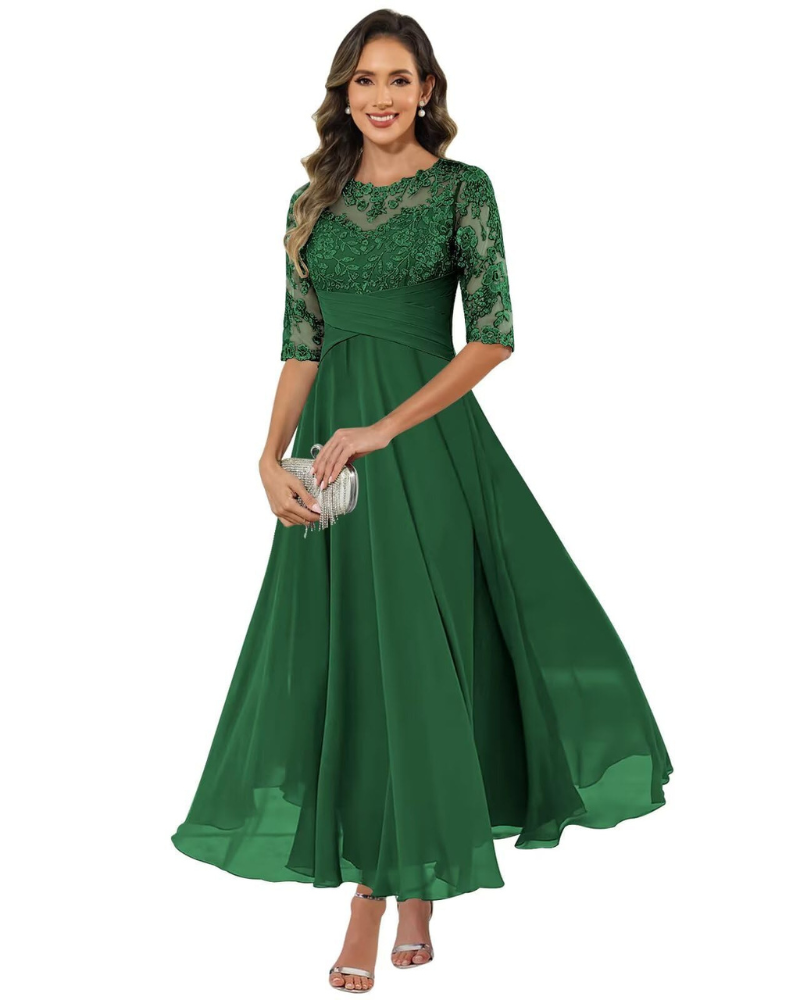 Olanthe Women's Evening Dress – Lace & Chiffon, 3/4 Sleeves & Elegant A-Line Cut