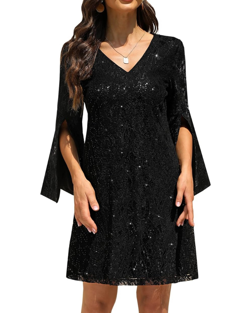Rhea Jurk Cocktail Dames – Kant & Pailletten, A-lijn Snit & Elegante Gespleten Mouwen