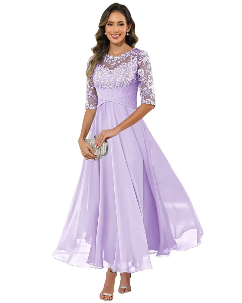 Vestido de Fiesta Olanthe para Mujer – Encaje y Gasa, Mangas 3/4 y Corte A-Line Elegante